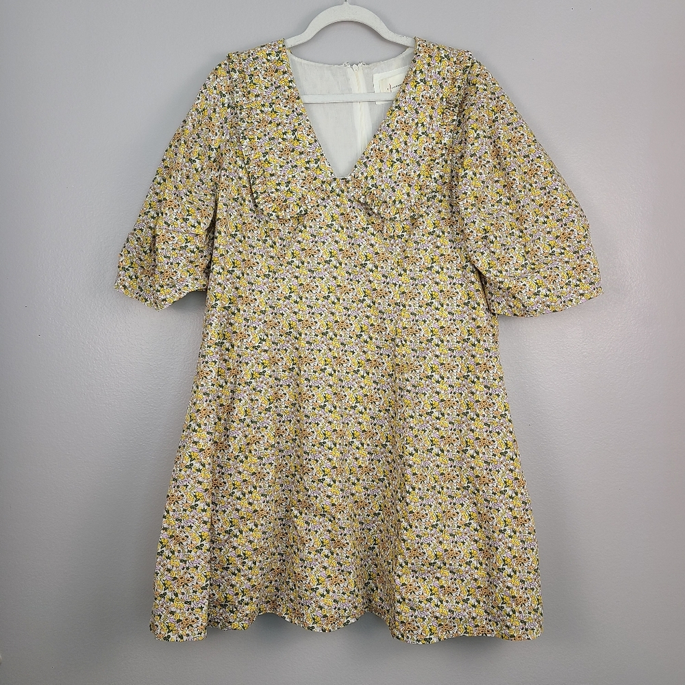 Anthropologie Yellow Lightweight Floral Cotton Collared Puff Sleeve Mini Dress - Picture 4 of 16